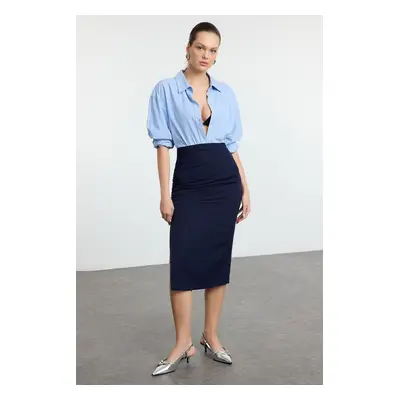 Trendyol Navy Blue Gathered Slit Detailed Pencil Fit Midi Woven Skirt