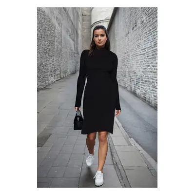 Trendyol Black Bodycon Slit Crew Neck Midi Elastic Ribbed Knit Pencil Dress