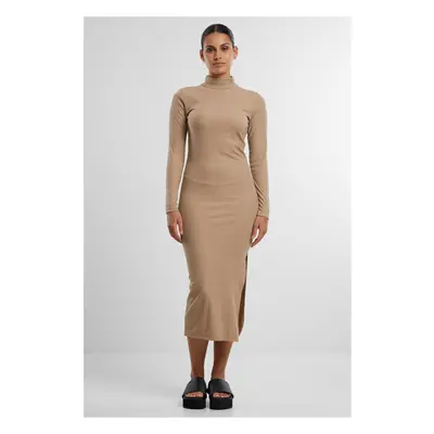 Women's ribbed long turtleneck dress beige