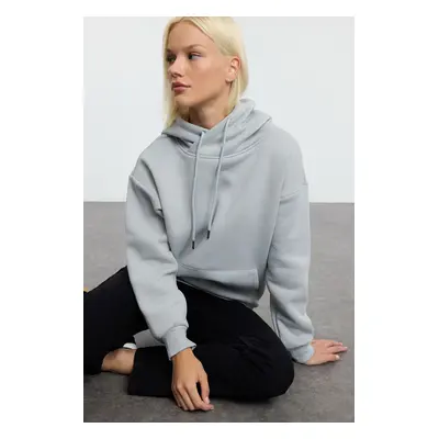 Trendyol Grey Oversize/Wide Pattern Hooded Kangaroo Pocket Thick Polar Fleece Knitted Sweatshirt