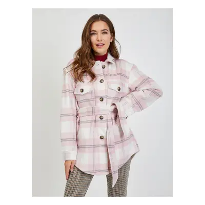 White-pink ladies plaid shirt jacket with tie ORSAY - Ladies