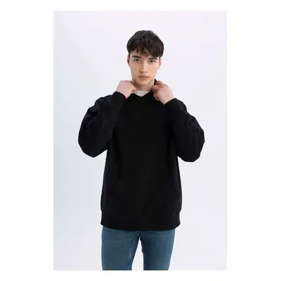 DEFACTO Black Oversize Wide Pattern Hooded Kangaroo Pocket Basic Plain Sweatshirt