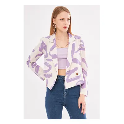 armonika Women's Lilac Double Breasted Collar Patterned Crop Jacket