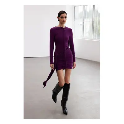 Trendyol Dark Purple Ruffle Detailed Bodycone/Fits Stretchy Mini Knit Dress