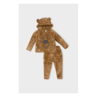 DEFACTO Baby Boy Teddy Bear Embroidered Hooded Sweatshirt Elastic Waist Plush 2-Piece Set