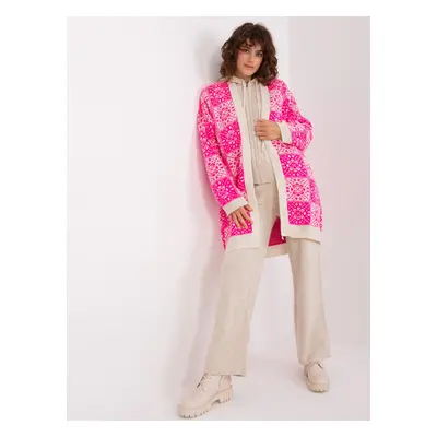 Fuchsia and ecru long cardigan with patterns