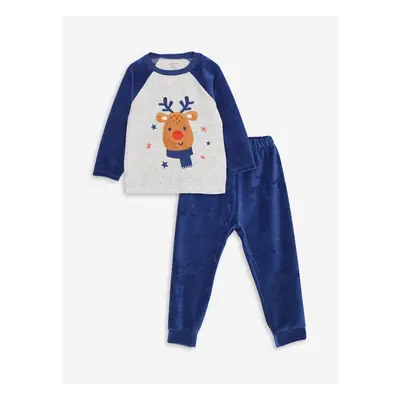 LC Waikiki Crew Neck Printed Velvet Baby Boy Pajamas Set