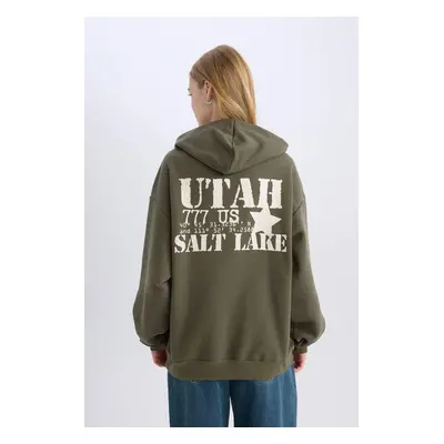 DEFACTO Khaki Coool Oversize Fit Wide Pattern Hooded Back Printed Thick Sweatshirt