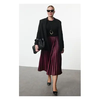 Trendyol Curve Claret Red Elastic Waist Pleated Woven Plus Size Skirt