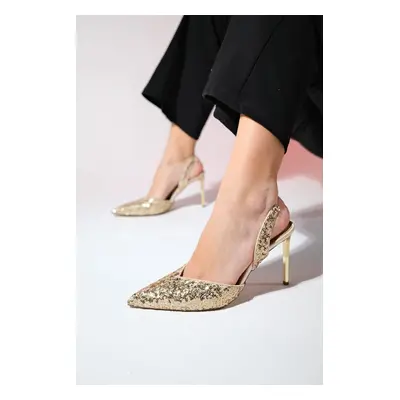 LuviShoes OVERAS Gold Sequined Pointed Toe Women's Thin Heeled Evening Shoes