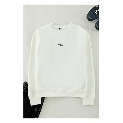 Trendyol Ecru Crew Neck Oversize/Wide Cut Polar Fleece Inside Dinosaur Embroidery Sweatshirt