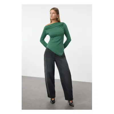 Trendyol Emerald Green Draped Boat Neck Asymmetrical Flexible Knitted Blouse