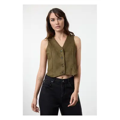 Trendyol Dark Green Fitted Buttoned Suede Crop Woven Vest