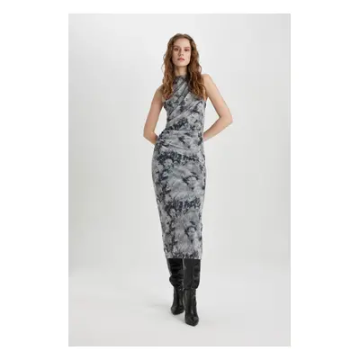 DEFACTO Bodycon Round Neck Tie-Dye Patterned Tulle Sleeveless Midi Dress