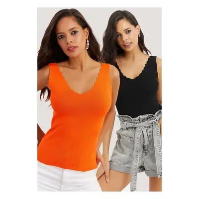 Cool & Sexy Women's Black-Orange Double Breasted Staircase Collar Knitwear Blouse YV123