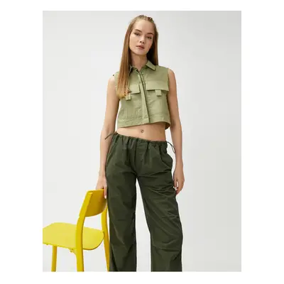 Koton Crop Shirt Sleeveless Buttoned with Big Pocket Detail