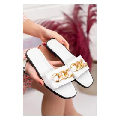 TER01 Women Slippers with Chain-BEYAZ