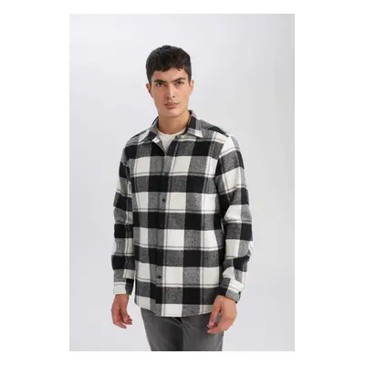 DEFACTO Men's White Regular Fit Polo Collar Plaid Lumberjack Flannel Long Sleeve Shirt