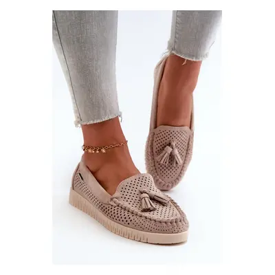 Women's openwork loafers made of eco-friendly suede, beige Tinami