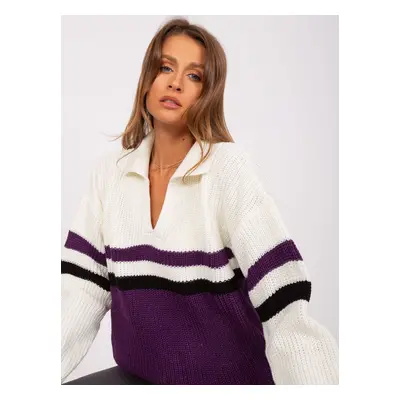 Ecru-purple oversize sweater with collar