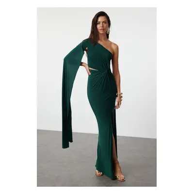 Trendyol Emerald Green Fitted One Sleeve Detailed Knitted Long Elegant Evening Dress & Graduatio