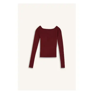 DEFACTO Fitted Open Shoulder Basic Plain Burgundy Knitwear Sweater