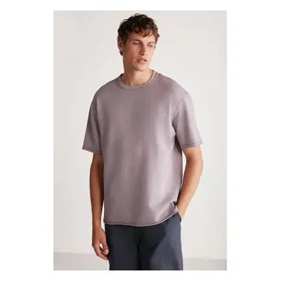 GRIMELANGE Hughie Men's Comfort Fit Pale Effect Thick Textured Lilac T-shir