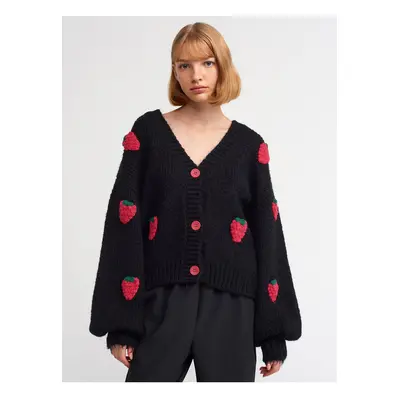 Dilvin V Neck Strawberry Embroidered Balloon Sleeve Knitwear Cardigan-black