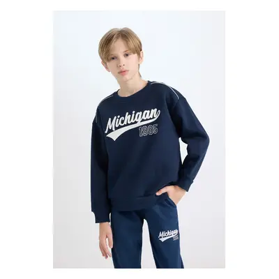 DEFACTO Boy Navy Blue Oversize Wide Pattern Crew Neck Printed Thick Sweatshirt