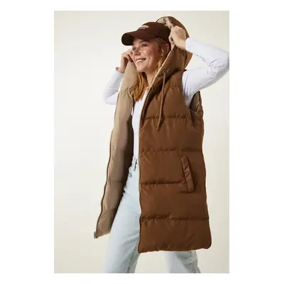 Happiness İstanbul Women's Beige Camel Hooded Reversible Puffer Vest