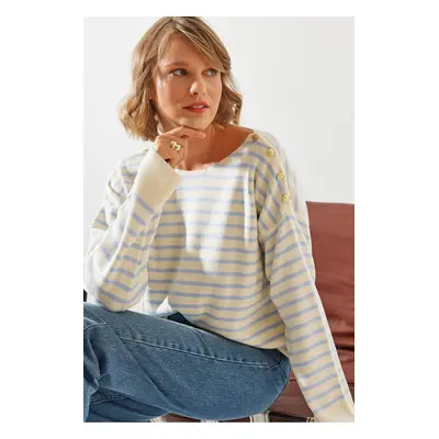 Bianco Lucci Women's Striped Shoulder Buttoned Sweater