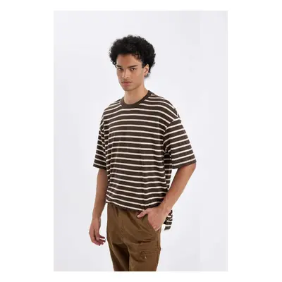 DEFACTO Men's Coffee Relaxed Cut Crew Neck Ecru Striped Heavy Fabric Short Sleeve T-Shirt