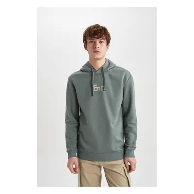 DEFACTO Men's Green Regular Fit Hooded Printed Sweatshirt