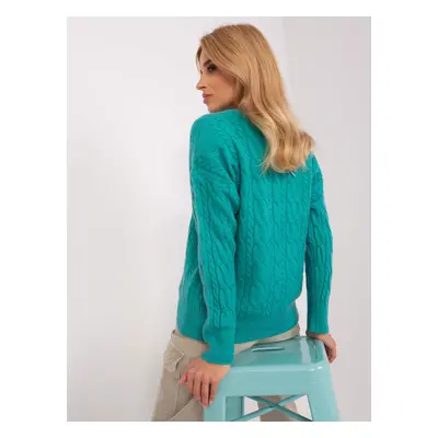 Turquoise sweater with handbags and round neckline