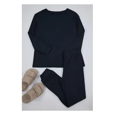 Trendyol Navy Blue Cotton Ribbed Wide Pattern Knitted Pajama Set