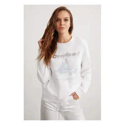 GRIMELANGE Faylinn Women's Crew Neck Fleece Printed White Sweatshir