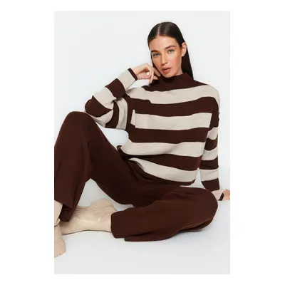 Trendyol Brown Wide Pattern Striped Knitwear Top-Top Set