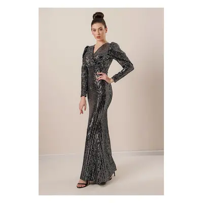 By Saygı Velvet Sequin Long Dress with Gathered Shoulders