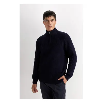 DEFACTO Navy Blue Standard Fit Regular Cut Bato Collar Zippered Basic Plain Knitwear Sweater