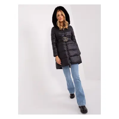 Black quilted winter jacket with belt