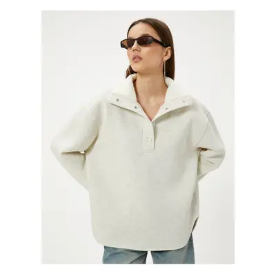 Koton Oversize Sweatshirt with Plush Detail on the Collar, Stand-up Collar, Snap Buttons