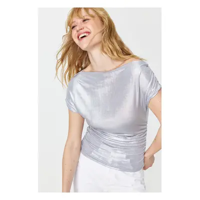 Trendyol Silver Foil Printed Fabric Boat Neck Drape Detailed Knitted Blouse