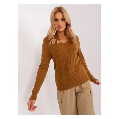 Light brown women's sweater with cable neckline