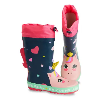 Denokids Heart Unicorn Girl's Navy Blue Elastic Rain Boots