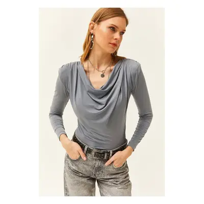 Olalook Women's Gray Waistband Pleated Roll Up Collar Blouse