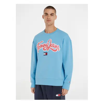 Light Blue Mens Sweatshirt Tommy Jeans College Pop Text Crew - Men