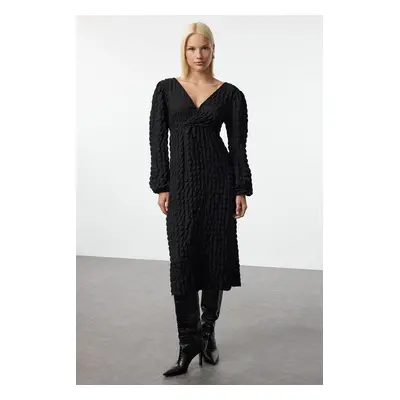 Trendyol Black Plain Textured Wrap Midi Double Breasted Collar Stretchy Knitted Dress