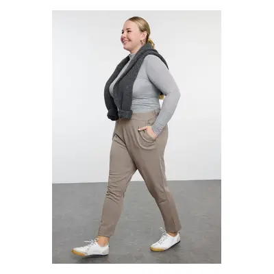 Trendyol Curve Mink Carrot Fit Knitted Plus Size Trousers