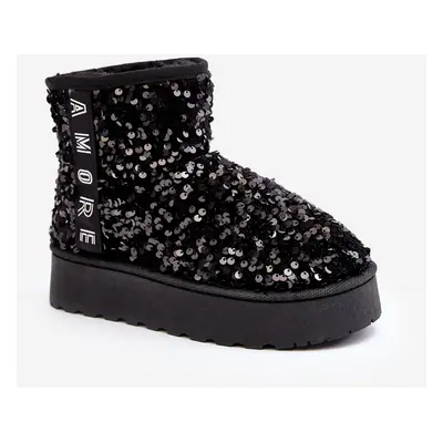 Women's platform snow boots decorated with sequins, black Silmo