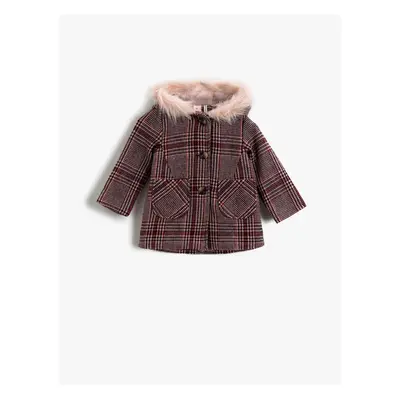 Koton Baby Girl Fur Collar Coat Plaid Hooded Baby Girl Fur Collar Coat Plaid Hooded